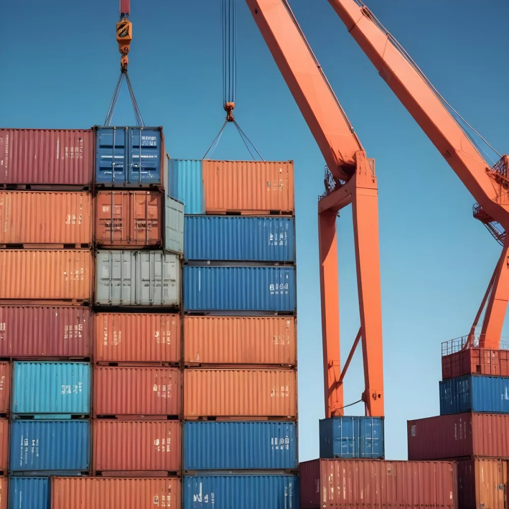 A Large Cargo Container Ship Being Loaded With Colorful Shipping Containers With A Crane Lifting A Container Onto The Ship The Background Shows A Clear Blue Sky 5 E541