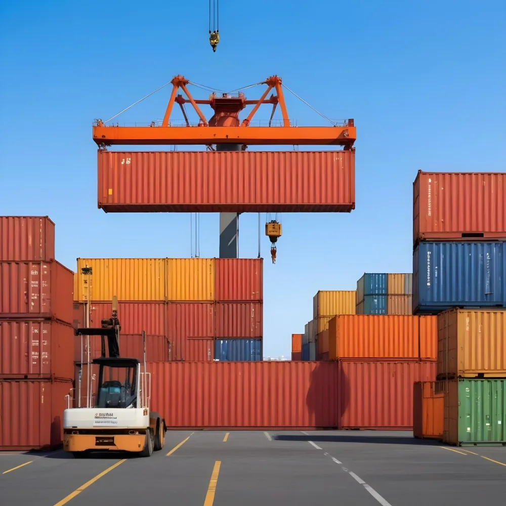 A Large Cargo Container Ship Being Loaded With Colorful Shipping Containers With A Crane Lifting A Container Onto The Ship The Background Shows A Clear Blue Sky 7 Da25