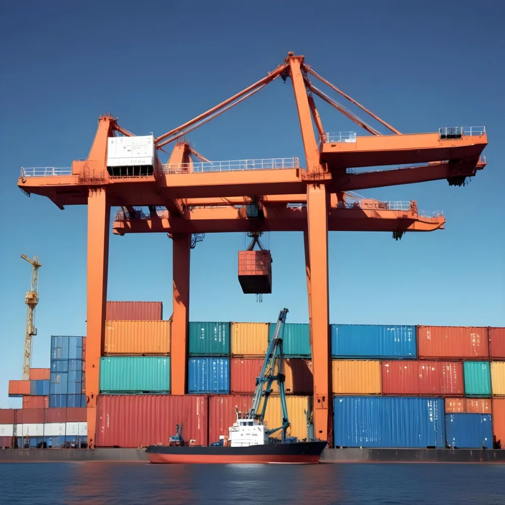 A Large Cargo Container Ship Being Loaded With Colorful Shipping Containers With A Crane Lifting A Container Onto The Ship The Background Shows A Clear Blue Sky 8 693a