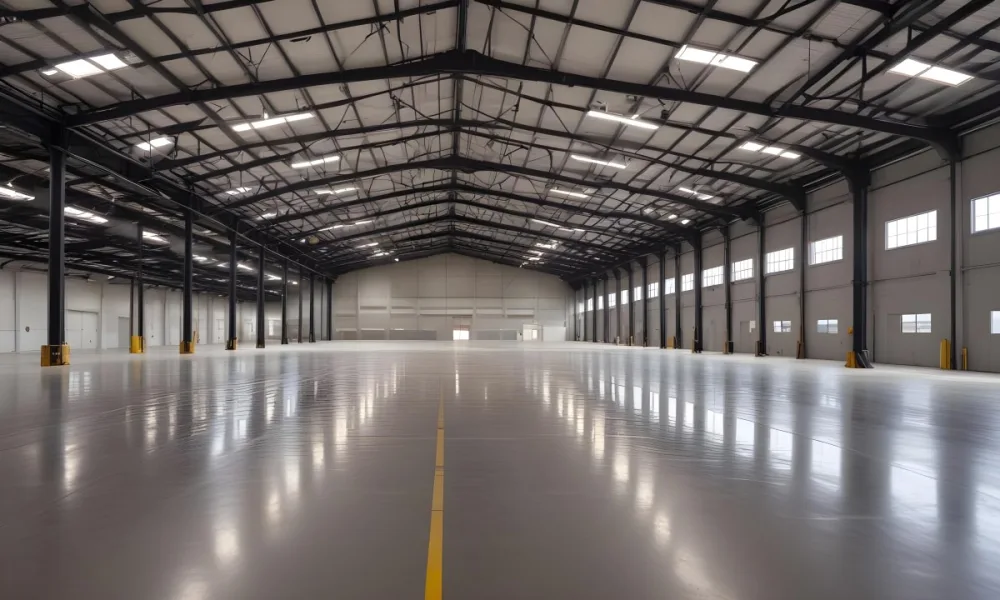 A Large Empty Industrial Warehouse With A High Ceiling Metal Floor And Metal Truss Structure 1 998b