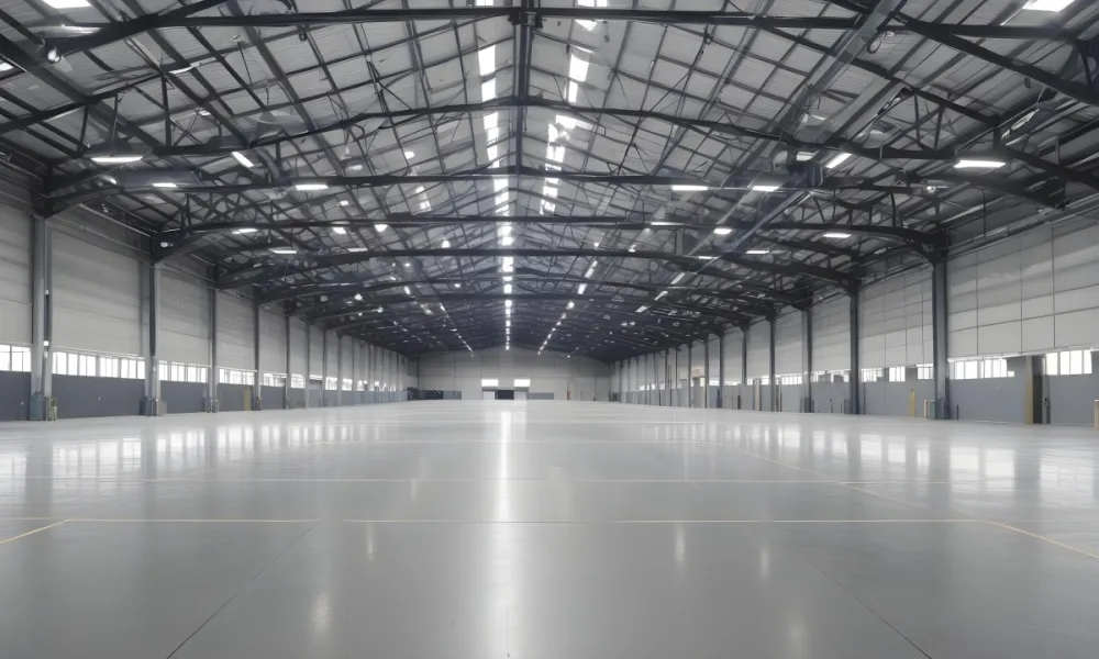 A Large Empty Industrial Warehouse With A High Ceiling Metal Floor And Metal Truss Structure 10 D549