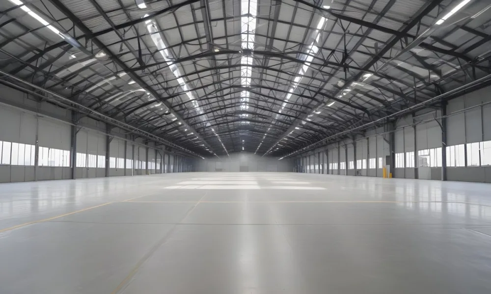 A Large Empty Industrial Warehouse With A High Ceiling Metal Floor And Metal Truss Structure 11 1d22