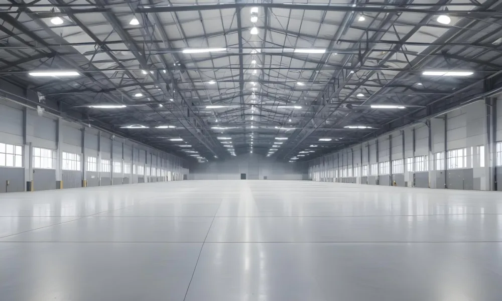 A Large Empty Industrial Warehouse With A High Ceiling Metal Floor And Metal Truss Structure 12 3eb3