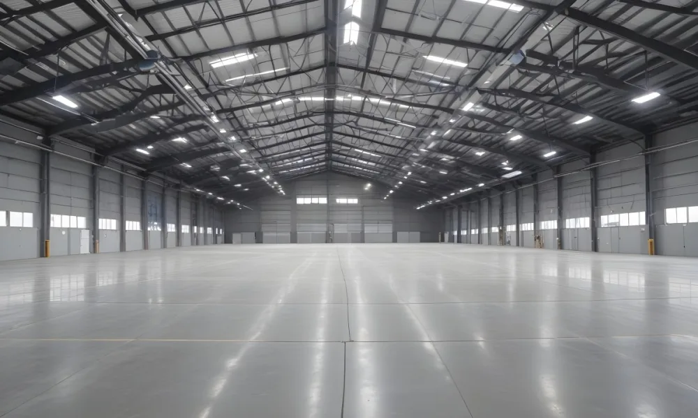 A Large Empty Industrial Warehouse With A High Ceiling Metal Floor And Metal Truss Structure 22 Fb70
