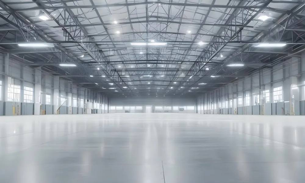 A Large Empty Industrial Warehouse With A High Ceiling Metal Floor And Metal Truss Structure 23 B23b