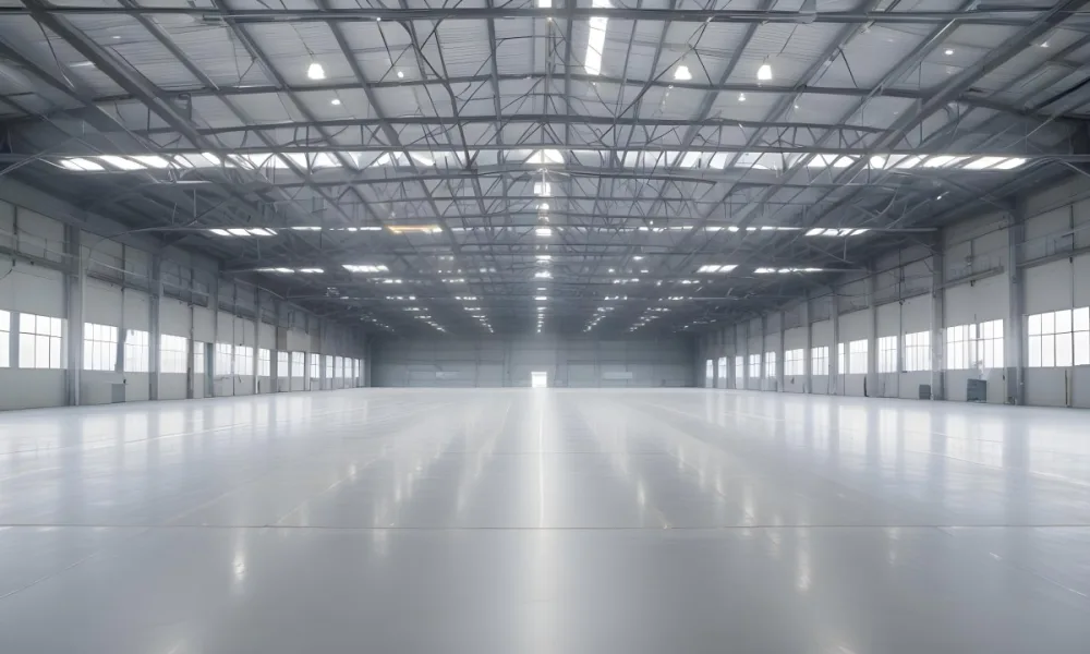 A Large Empty Industrial Warehouse With A High Ceiling Metal Floor And Metal Truss Structure 24 1611