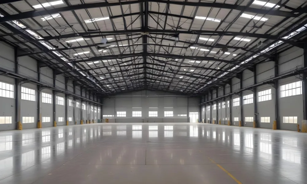 A Large Empty Industrial Warehouse With A High Ceiling Metal Floor And Metal Truss Structure 3 90ca