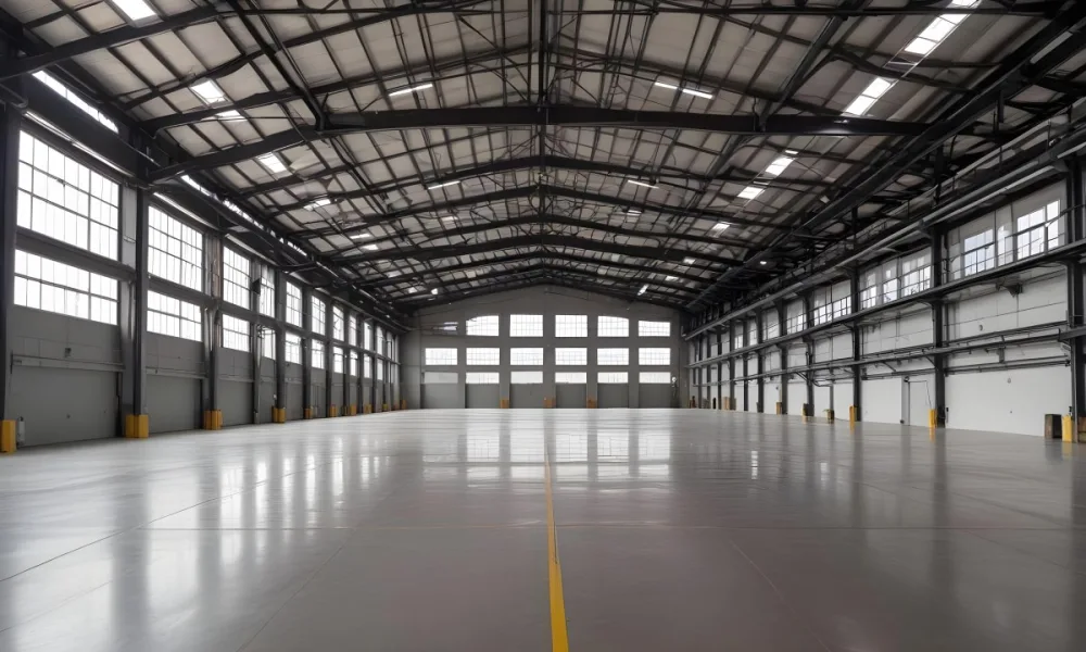 A Large Empty Industrial Warehouse With A High Ceiling Metal Floor And Metal Truss Structure 4 961f