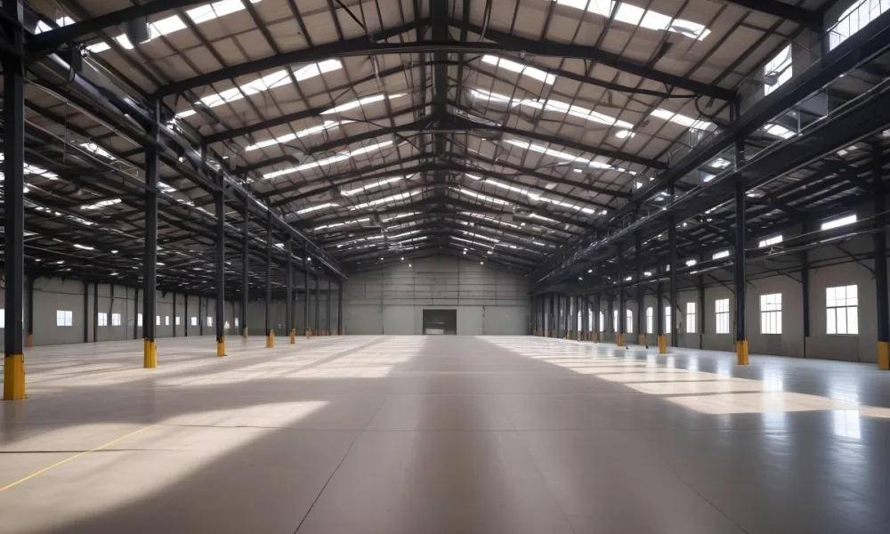 A Large Empty Industrial Warehouse With A High Ceiling Metal Floor And Metal Truss Structure 5 3aba