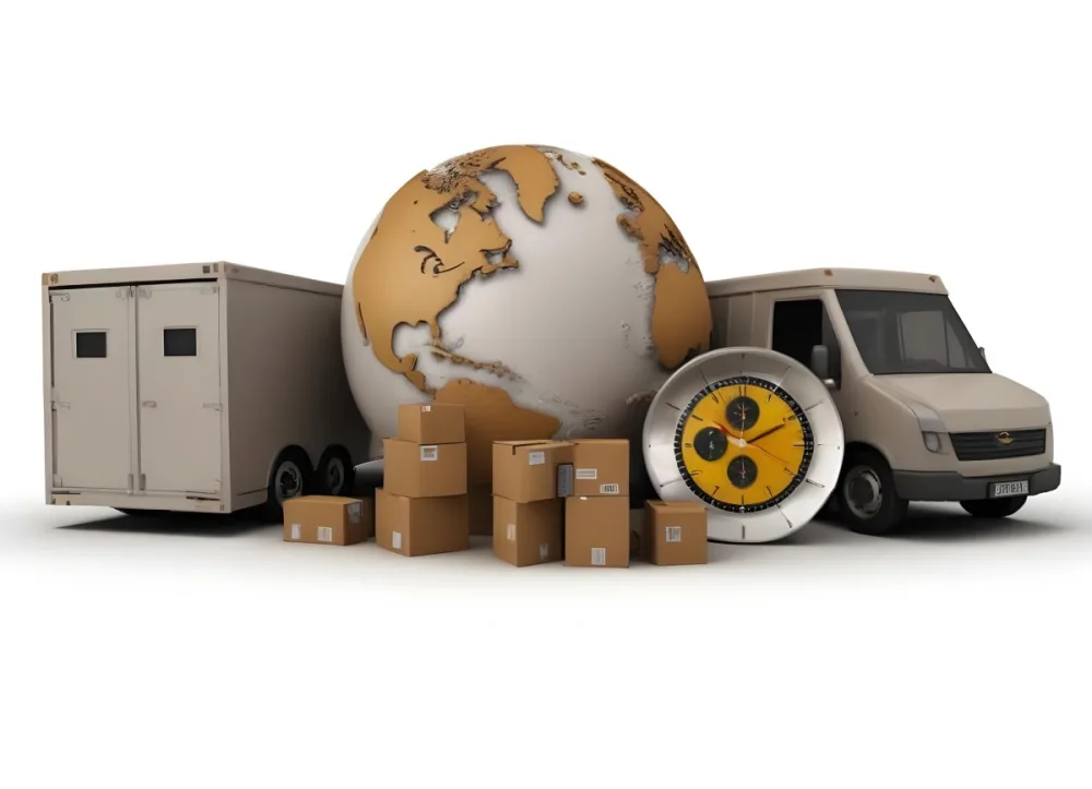 A Large Globe Representing The World Surrounded By Various Shipping And Logistics Items Such As Cardboard Boxes A Delivery Van And A Clock 11 3f37