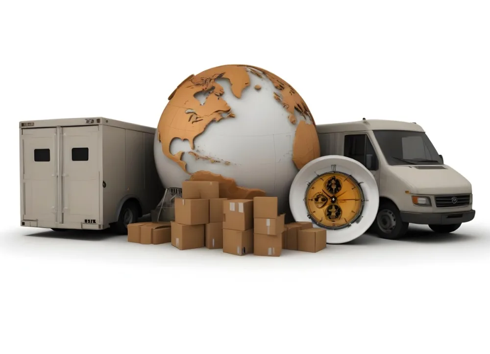 A Large Globe Representing The World Surrounded By Various Shipping And Logistics Items Such As Cardboard Boxes A Delivery Van And A Clock 12 8d05
