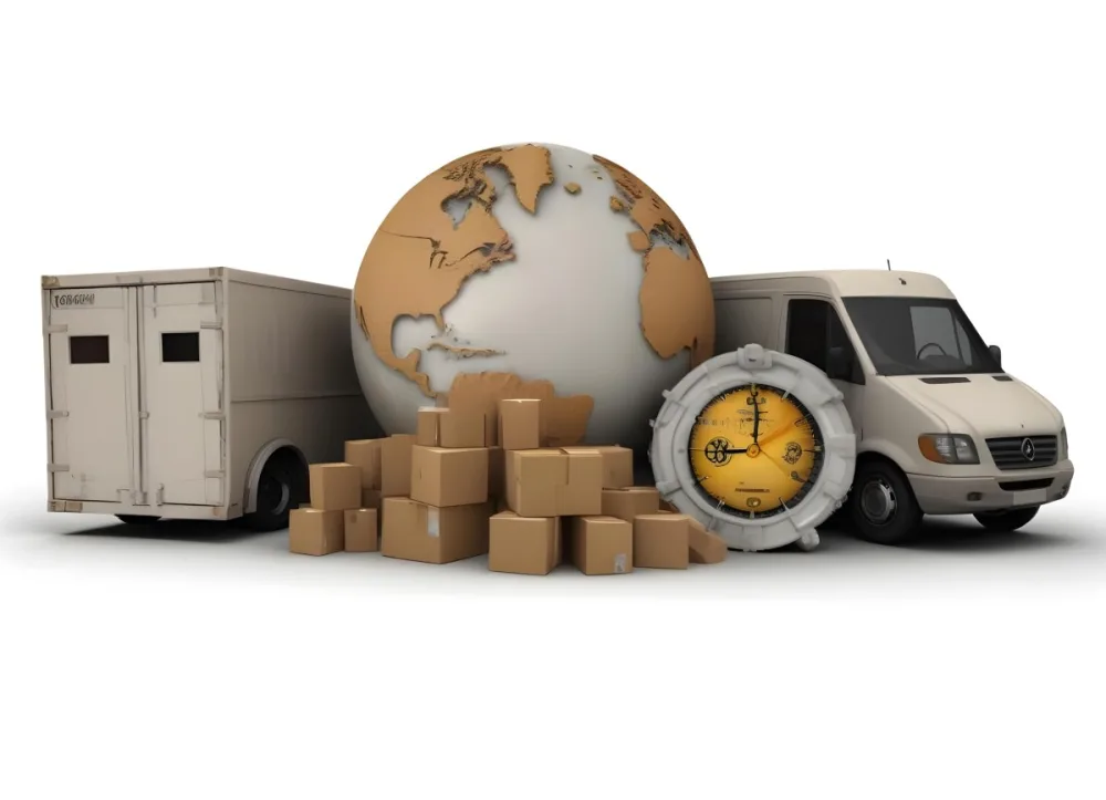 A Large Globe Representing The World Surrounded By Various Shipping And Logistics Items Such As Cardboard Boxes A Delivery Van And A Clock 15 B57e