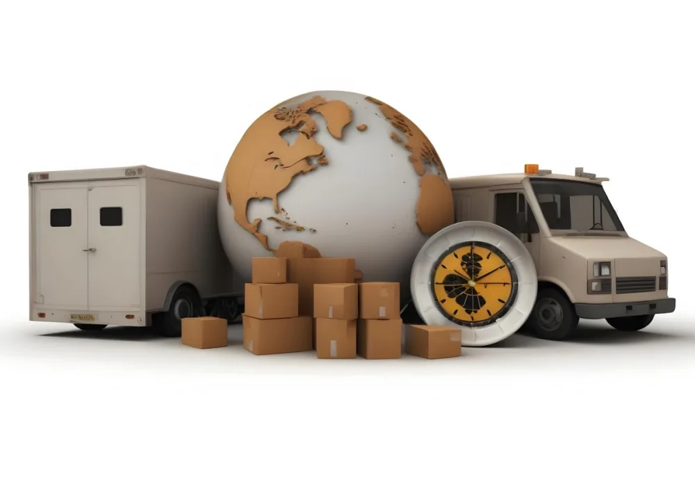 A Large Globe Representing The World Surrounded By Various Shipping And Logistics Items Such As Cardboard Boxes A Delivery Van And A Clock 19 Fe27