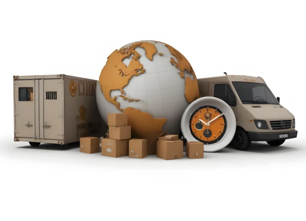 A Large Globe Representing The World Surrounded By Various Shipping And Logistics Items Such As Cardboard Boxes A Delivery Van And A Clock 22 Bf44
