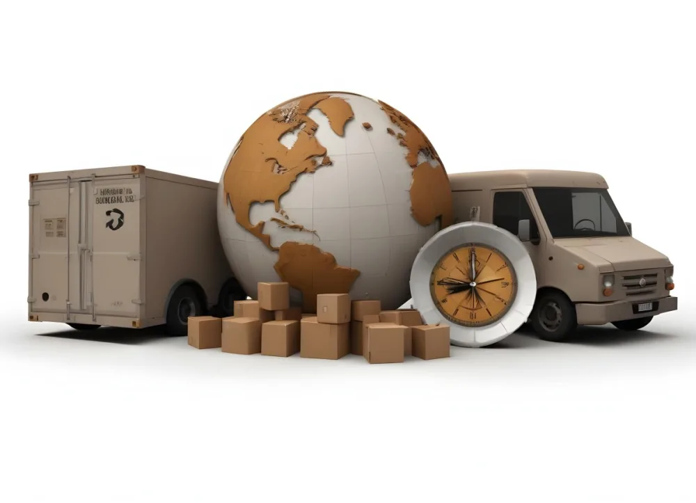 A Large Globe Representing The World Surrounded By Various Shipping And Logistics Items Such As Cardboard Boxes A Delivery Van And A Clock 28 1608