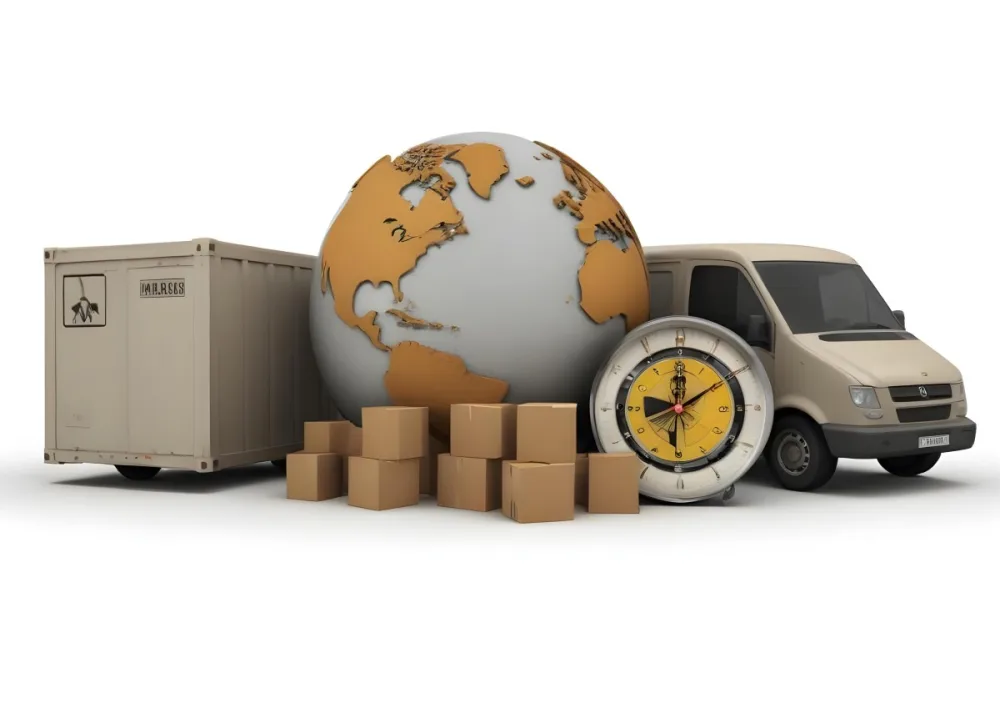 A Large Globe Representing The World Surrounded By Various Shipping And Logistics Items Such As Cardboard Boxes A Delivery Van And A Clock 37 Ceee