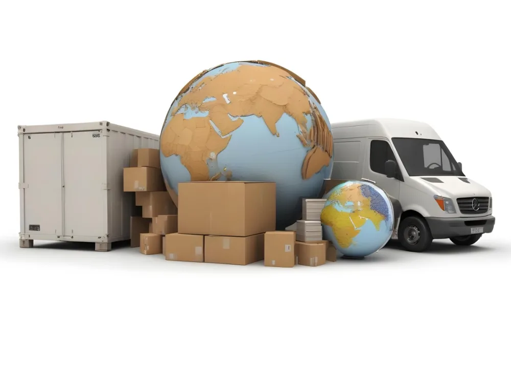 A Large Globe Representing The World Surrounded By Various Shipping And Logistics Items Such As Cardboard Boxes A Delivery Van And A Clock 40 Fc1d