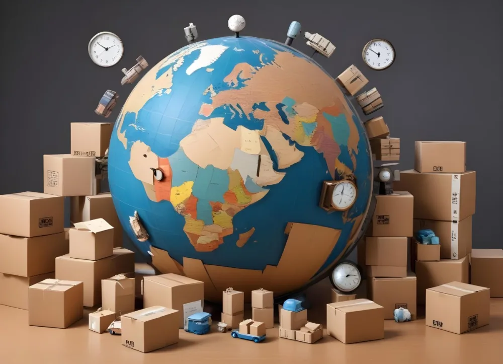 A Large Globe Representing The World Surrounded By Various Shipping And Logistics Items Such As Cardboard Boxes A Delivery Van And A Clock 46 7963