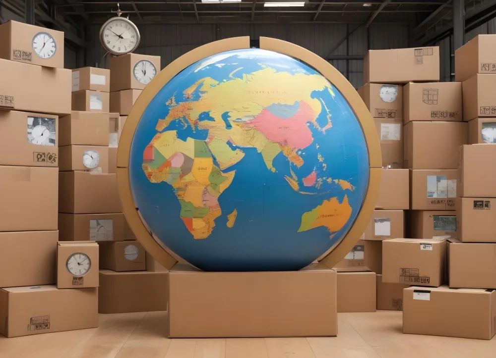 A Large Globe Representing The World Surrounded By Various Shipping And Logistics Items Such As Cardboard Boxes A Delivery Van And A Clock 47 D555