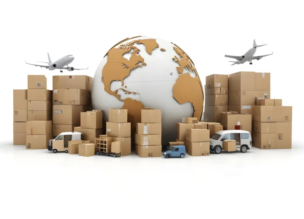 A Large Globe Representing The World Surrounded By Various Shipping And Logistics Items Such As Cardboard Boxes A Delivery Van And A Clock 48 4f3a