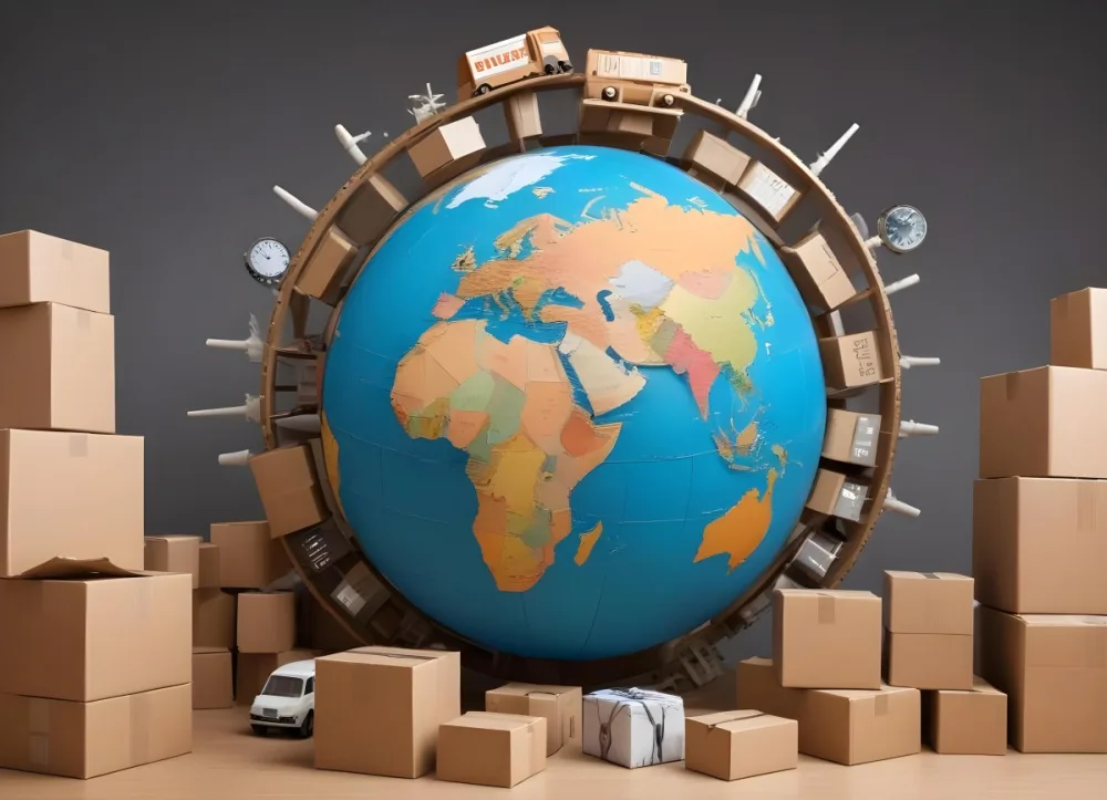 A Large Globe Representing The World Surrounded By Various Shipping And Logistics Items Such As Cardboard Boxes A Delivery Van And A Clock 49 19cd