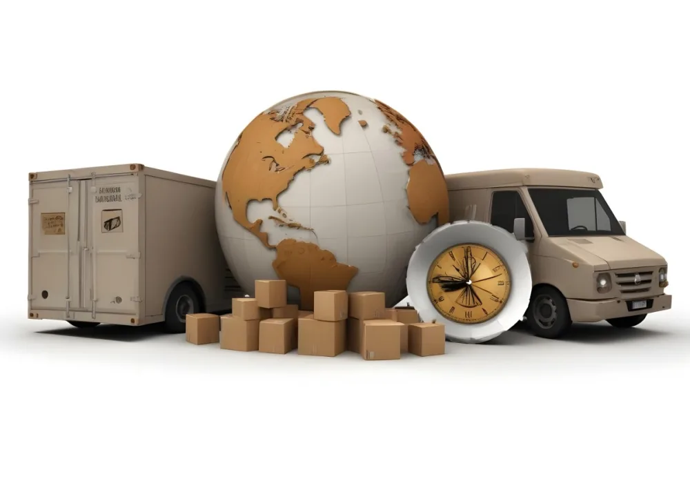 A Large Globe Representing The World Surrounded By Various Shipping And Logistics Items Such As Cardboard Boxes A Delivery Van And A Clock 5 C50d