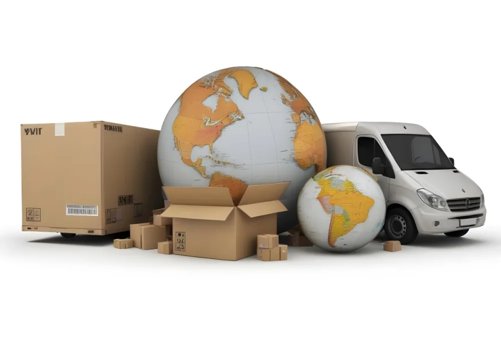 A Large Globe Representing The World Surrounded By Various Shipping And Logistics Items Such As Cardboard Boxes A Delivery Van And A Clock 50 76e1