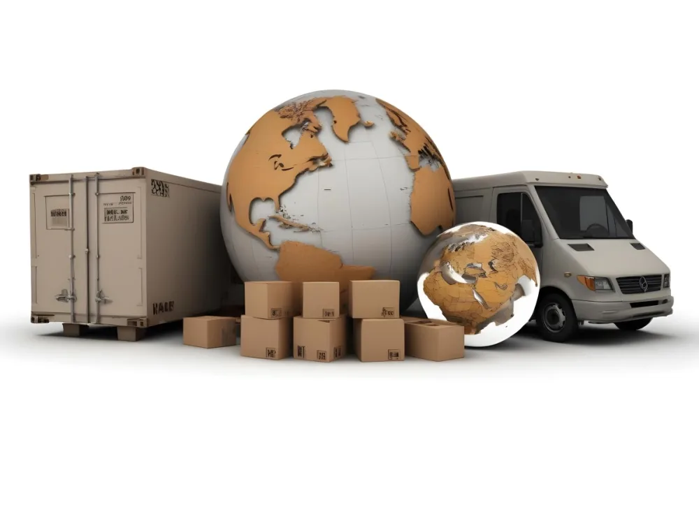 A Large Globe Representing The World Surrounded By Various Shipping And Logistics Items Such As Cardboard Boxes A Delivery Van And A Clock 51 1f9b