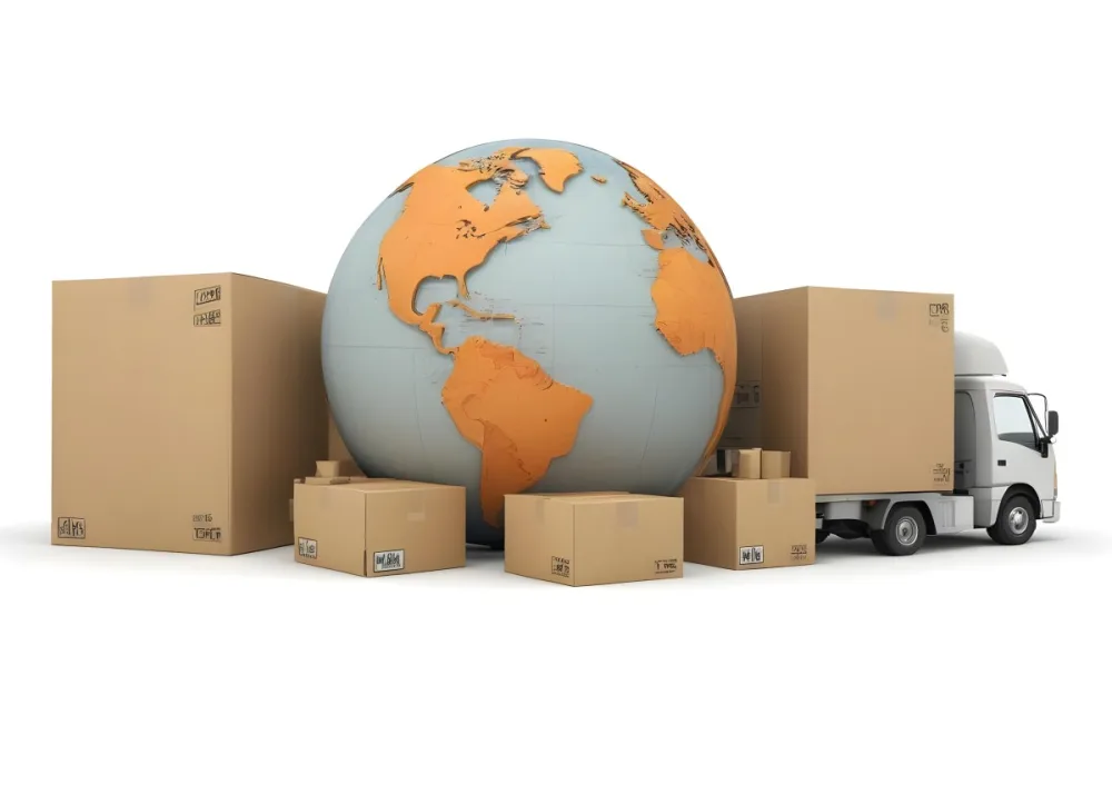 A Large Globe Representing The World Surrounded By Various Shipping And Logistics Items Such As Cardboard Boxes A Delivery Van And A Clock 52 24c3