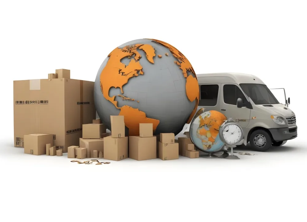 A Large Globe Representing The World Surrounded By Various Shipping And Logistics Items Such As Cardboard Boxes A Delivery Van And A Clock 53 45ff