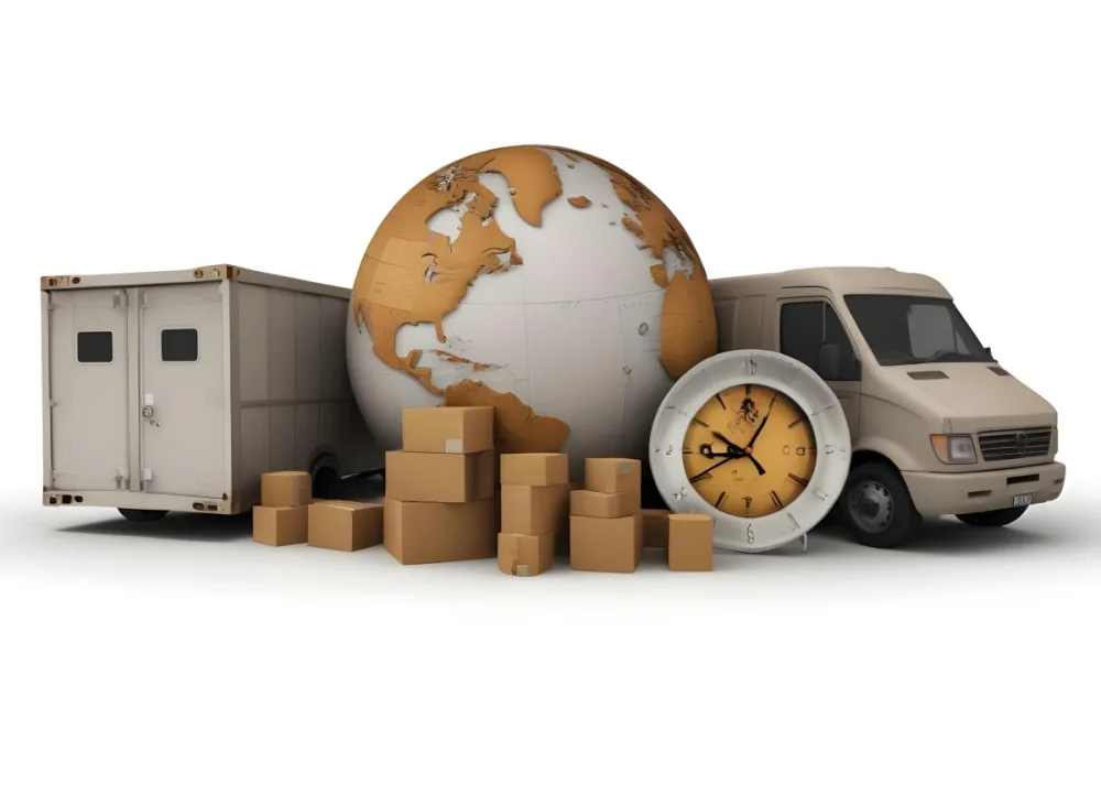 A Large Globe Representing The World Surrounded By Various Shipping And Logistics Items Such As Cardboard Boxes A Delivery Van And A Clock 54 C116
