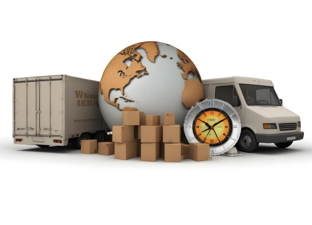A Large Globe Representing The World Surrounded By Various Shipping And Logistics Items Such As Cardboard Boxes A Delivery Van And A Clock 6 E0bb