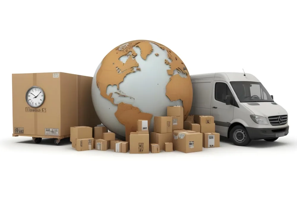 A Large Globe Representing The World Surrounded By Various Shipping And Logistics Items Such As Cardboard Boxes A Delivery Van And A Clock 7 18f2