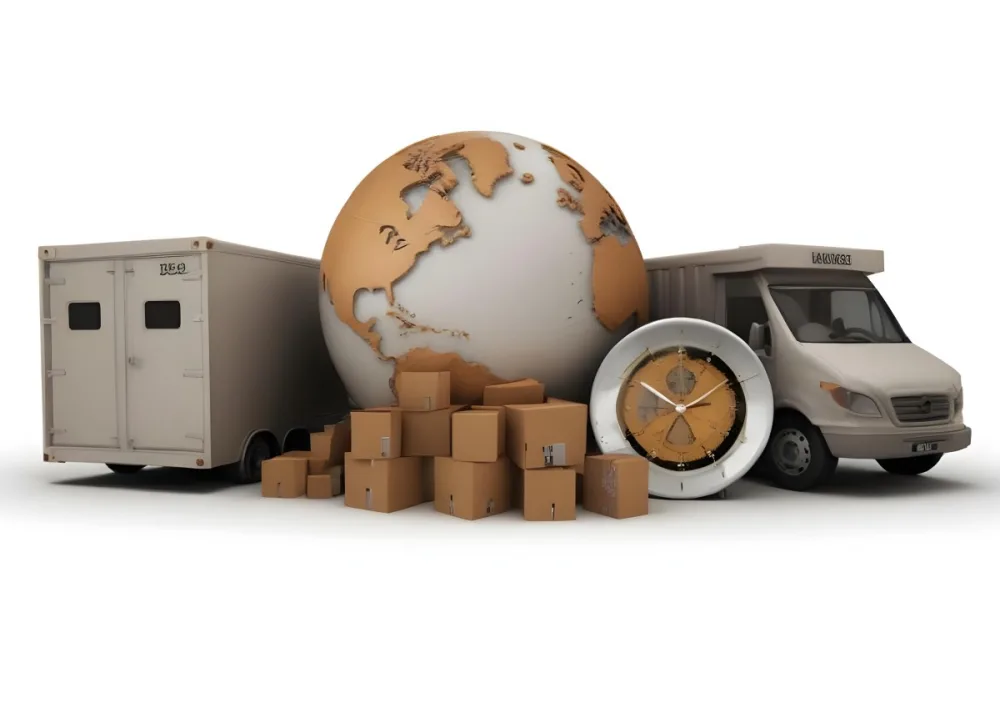 A Large Globe Representing The World Surrounded By Various Shipping And Logistics Items Such As Cardboard Boxes A Delivery Van And A Clock 9 887c