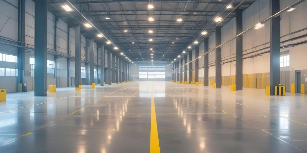 A Large Industrial Warehouse Interior With High Ceilings Concrete Floors And Rows Of Overhead Lighting The Space Appears To Be Empty And Clean With Yellow Lines Painted On The Floor 12 8eea