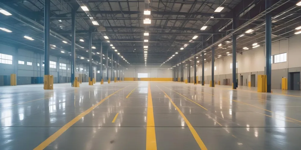 A Large Industrial Warehouse Interior With High Ceilings Concrete Floors And Rows Of Overhead Lighting The Space Appears To Be Empty And Clean With Yellow Lines Painted On The Floor 13 Ffcc