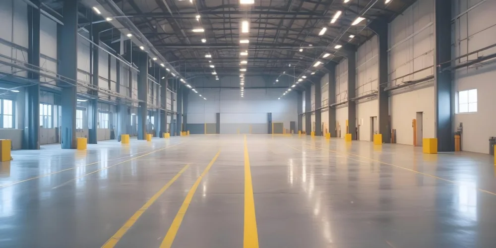 A Large Industrial Warehouse Interior With High Ceilings Concrete Floors And Rows Of Overhead Lighting The Space Appears To Be Empty And Clean With Yellow Lines Painted On The Floor 16 3b75
