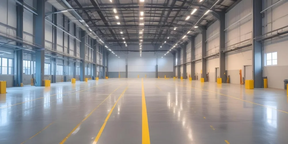 A Large Industrial Warehouse Interior With High Ceilings Concrete Floors And Rows Of Overhead Lighting The Space Appears To Be Empty And Clean With Yellow Lines Painted On The Floor 17 7ab4
