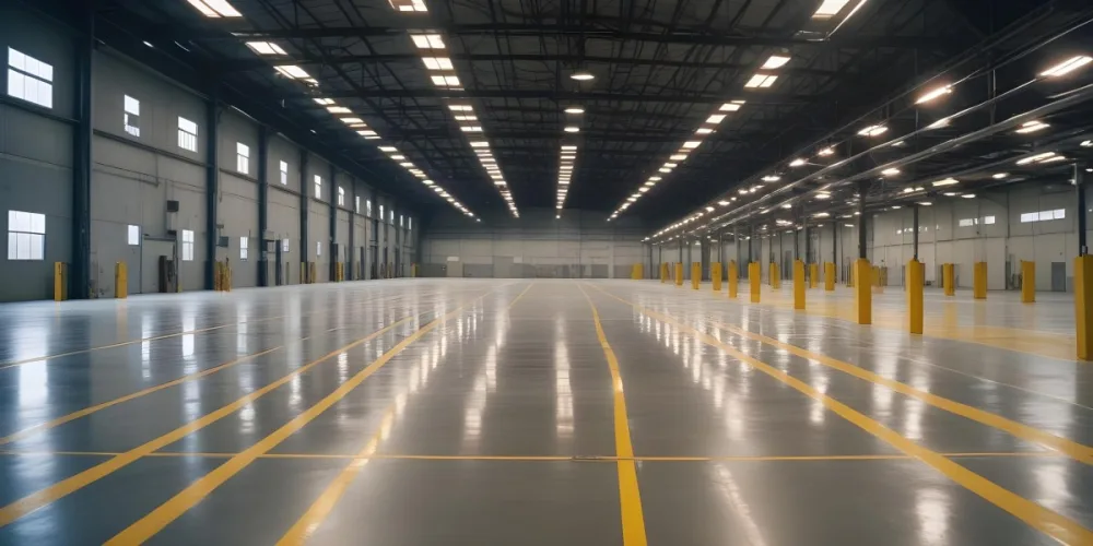 A Large Industrial Warehouse Interior With High Ceilings Concrete Floors And Rows Of Overhead Lighting The Space Appears To Be Empty And Clean With Yellow Lines Painted On The Floor 2 Aac7