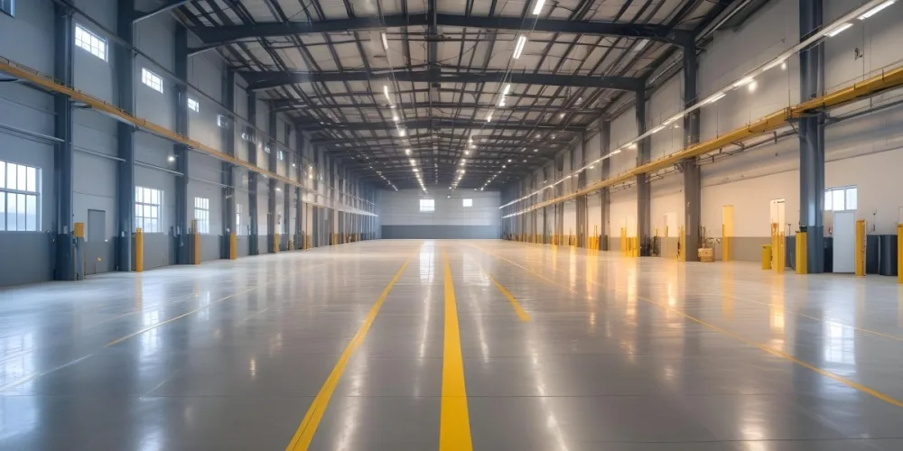 A Large Industrial Warehouse Interior With High Ceilings Concrete Floors And Rows Of Overhead Lighting The Space Appears To Be Empty And Clean With Yellow Lines Painted On The Floor 21 2bd5