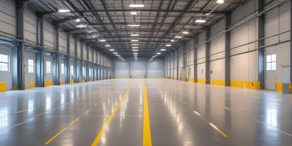 A Large Industrial Warehouse Interior With High Ceilings Concrete Floors And Rows Of Overhead Lighting The Space Appears To Be Empty And Clean With Yellow Lines Painted On The Floor 23 9091