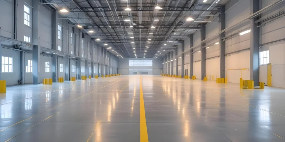 A Large Industrial Warehouse Interior With High Ceilings Concrete Floors And Rows Of Overhead Lighting The Space Appears To Be Empty And Clean With Yellow Lines Painted On The Floor 24 1604