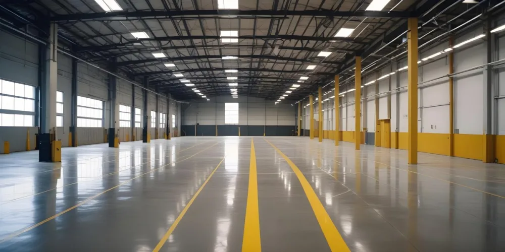A Large Industrial Warehouse Interior With High Ceilings Concrete Floors And Rows Of Overhead Lighting The Space Appears To Be Empty And Clean With Yellow Lines Painted On The Floor 3 B2ec