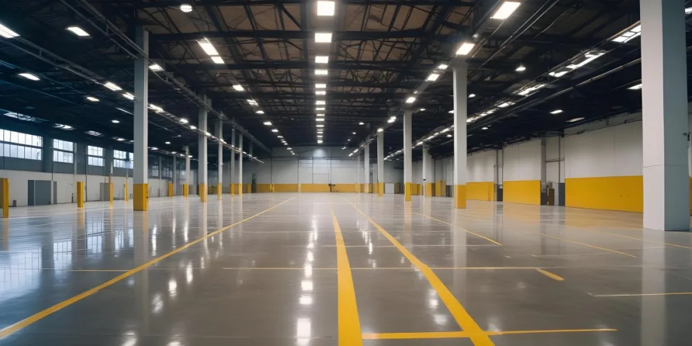 A Large Industrial Warehouse Interior With High Ceilings Concrete Floors And Rows Of Overhead Lighting The Space Appears To Be Empty And Clean With Yellow Lines Painted On The Floor 4 1031