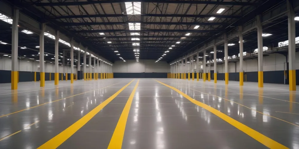 A Large Industrial Warehouse Interior With High Ceilings Concrete Floors And Rows Of Overhead Lighting The Space Appears To Be Empty And Clean With Yellow Lines Painted On The Floor 5 0d1a