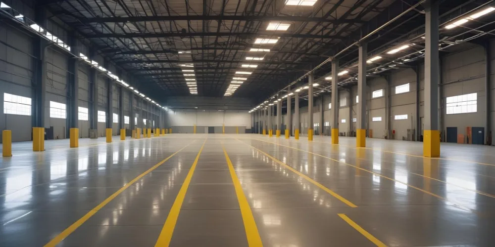 A Large Industrial Warehouse Interior With High Ceilings Concrete Floors And Rows Of Overhead Lighting The Space Appears To Be Empty And Clean With Yellow Lines Painted On The Floor 6 39ce