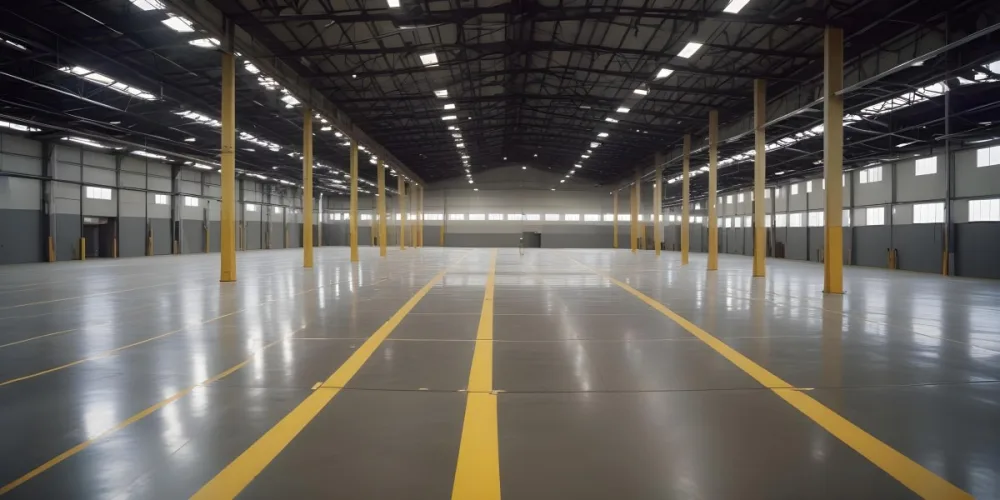 A Large Industrial Warehouse Interior With High Ceilings Concrete Floors And Rows Of Overhead Lighting The Space Appears To Be Empty And Clean With Yellow Lines Painted On The Floor 7 Dbe0