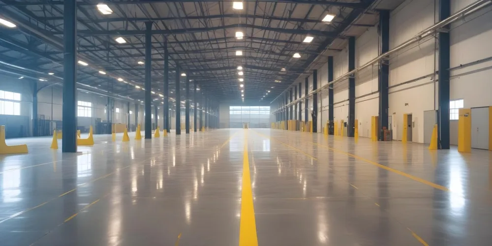 A Large Industrial Warehouse Interior With High Ceilings Concrete Floors And Rows Of Overhead Lighting The Space Appears To Be Empty And Clean With Yellow Lines Painted On The Floor 8 1f14