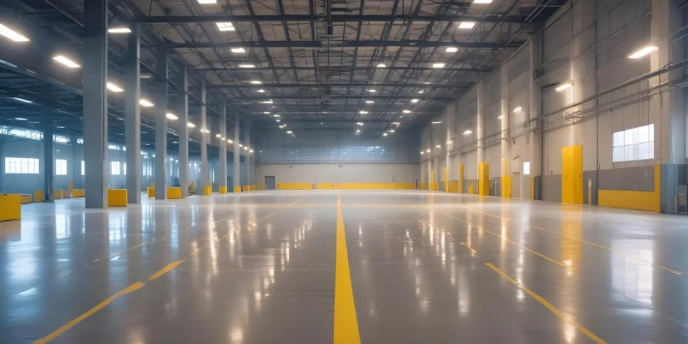 A Large Industrial Warehouse Interior With High Ceilings Concrete Floors And Rows Of Overhead Lighting The Space Appears To Be Empty And Clean With Yellow Lines Painted On The Floor 9 60b3