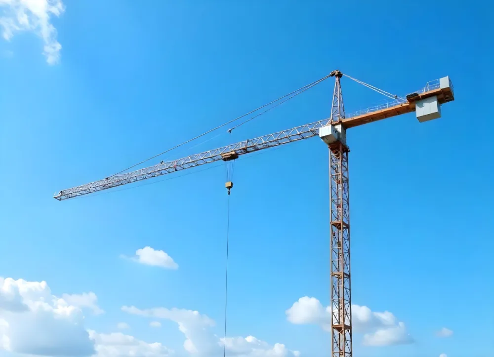 A Large Yellow Construction Crane Against A Bright Blue Sky 3 5b39